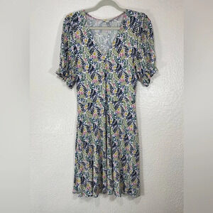 Boden V-Neck Jersey Dress Multi in Lemon Foliage Women’s Size 6R Summer Spring